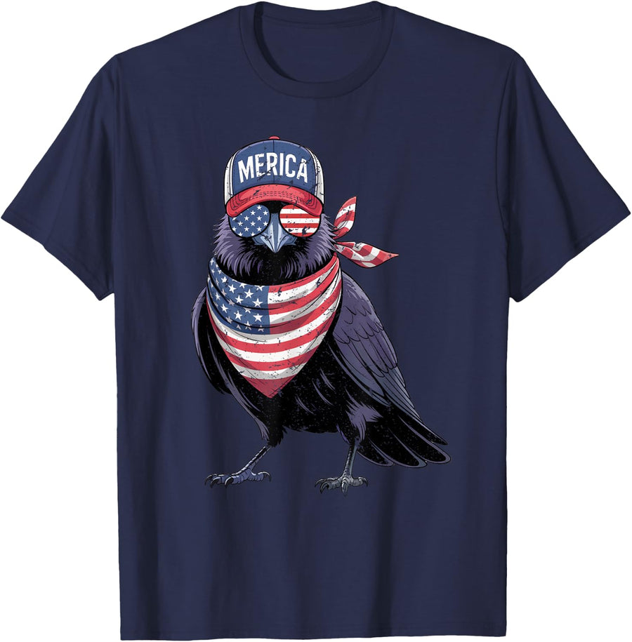 Crow 4th of July US American Flag Raven Patriotic T-Shirt - Navy Blue