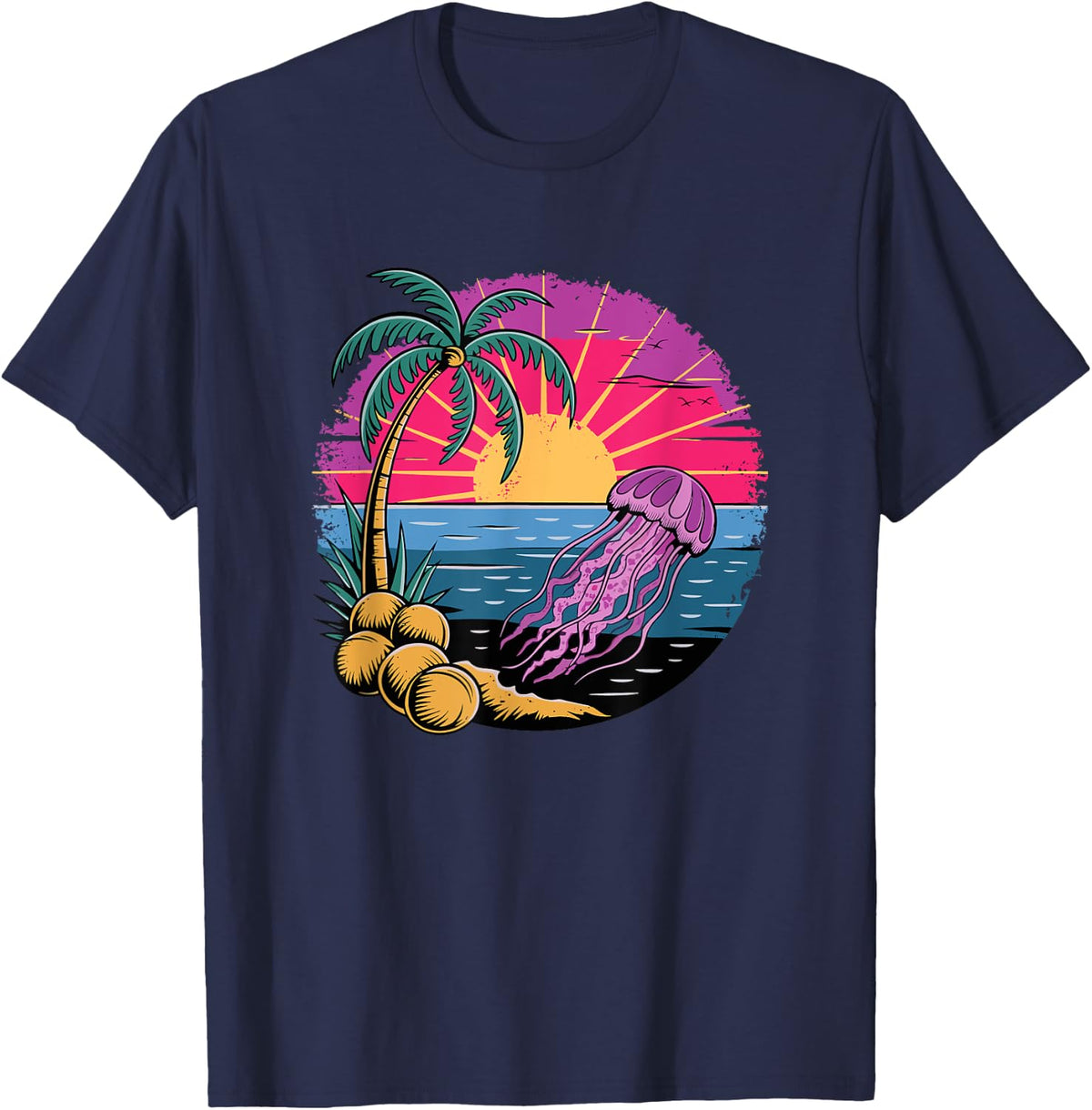 Retro Sunset Jellyfish Jellyfishes T-Shirt - Navy Blue