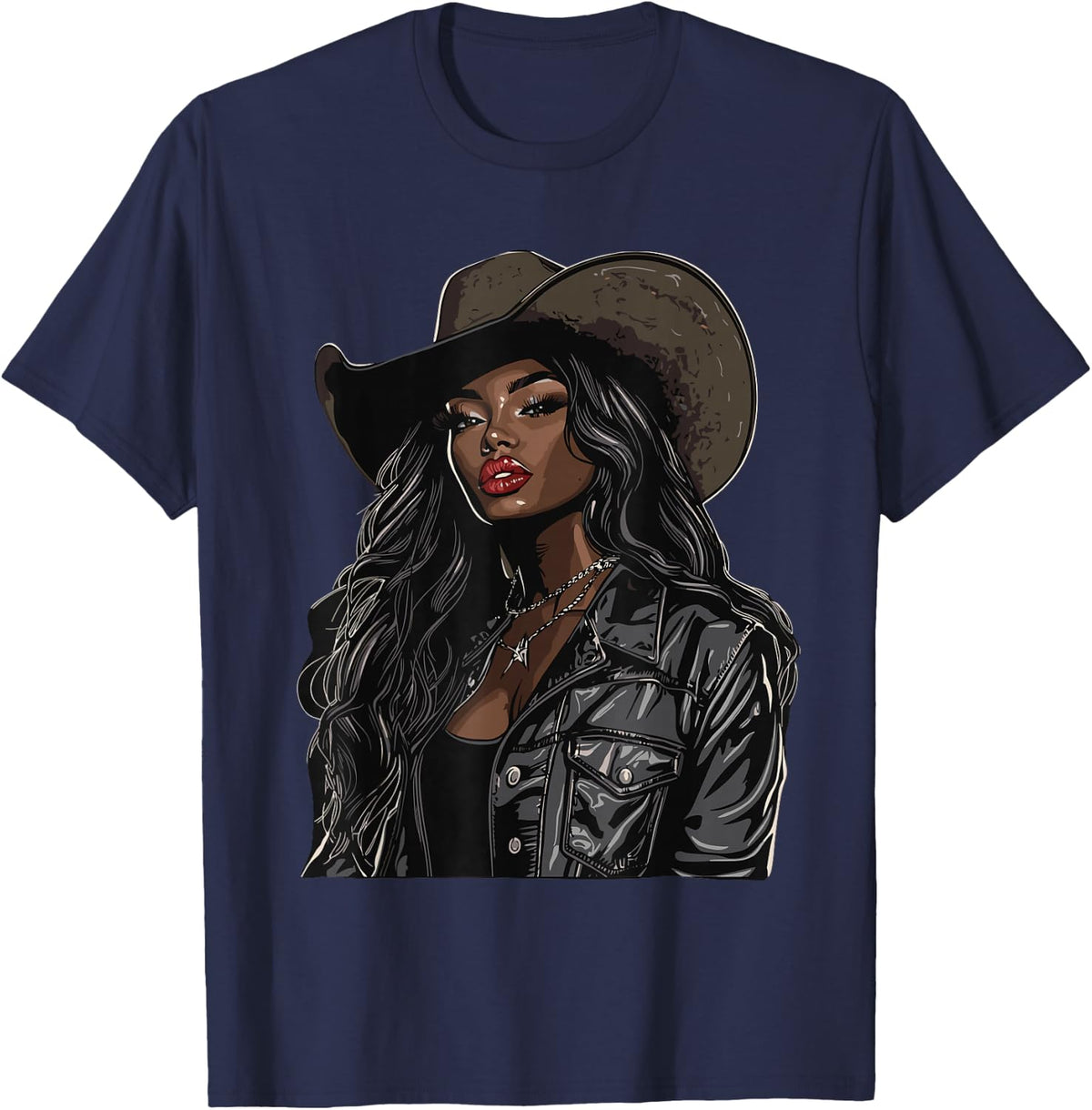Black African American Cowgirl Western Country Texas Rodeo T-Shirt - Navy Blue