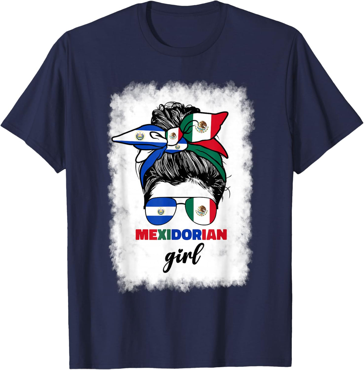 Half Mexican and Salvadorian Mexico El Salvador Flag Girl T-Shirt - Navy Blue