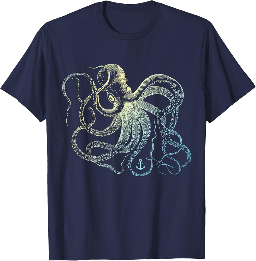Octopus Cool Vintage Marine Biologist Ocean Sea Life T-Shirt - Navy Blue