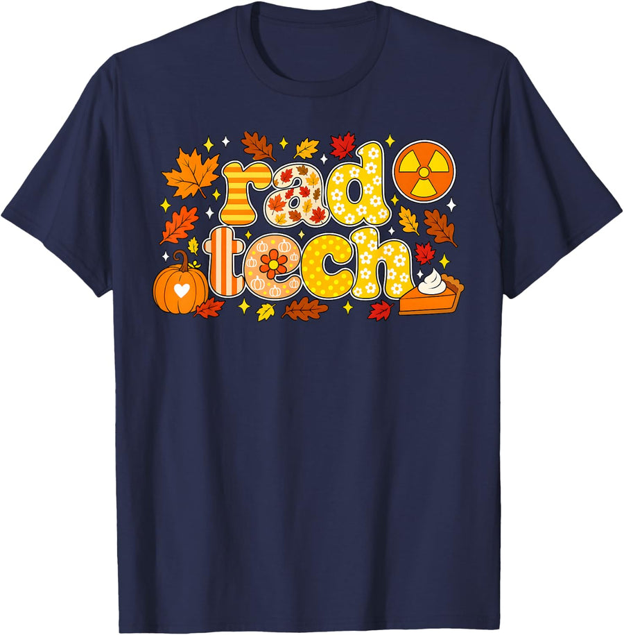Retro Rad Tech Fall Pumpkin X-Ray Thanksgiving T-Shirt - Navy Blue