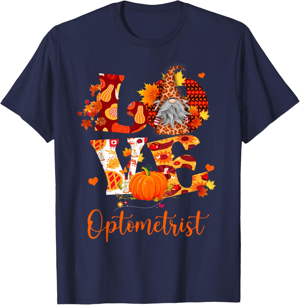 Fall Leopard Love Optometrist Thanksgiving Gnome Optician T-Shirt - Navy Blue
