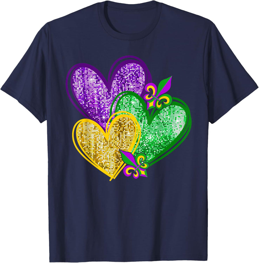 Mardi Gras Heart Fleur-de-lis Symbol Carnival Men Women T-Shirt - Navy Blue