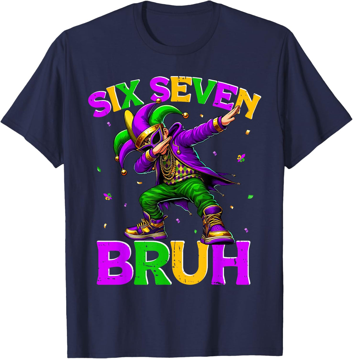 Dabbing Boy Mardi Gras Shirts Funny Six Seven Bruh 6 7 Meme T-Shirt - Navy Blue