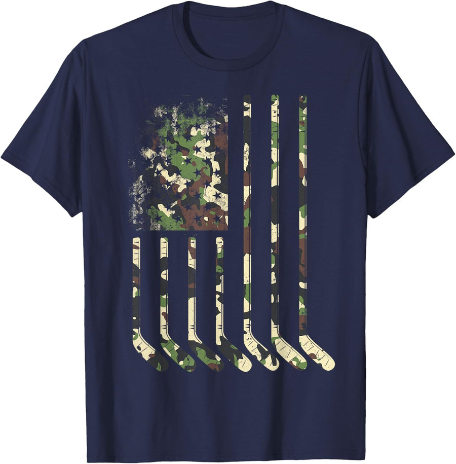 Patriotic Ice Hockey 4th of July Camo USA Independence Day T-Shirt - Navy Blue