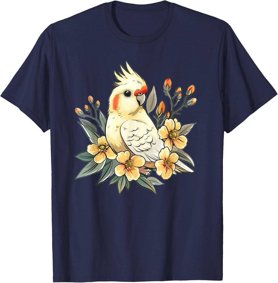 Cute Cockatiel With Flowers I Kids Cockatiel T-Shirt - Navy Blue