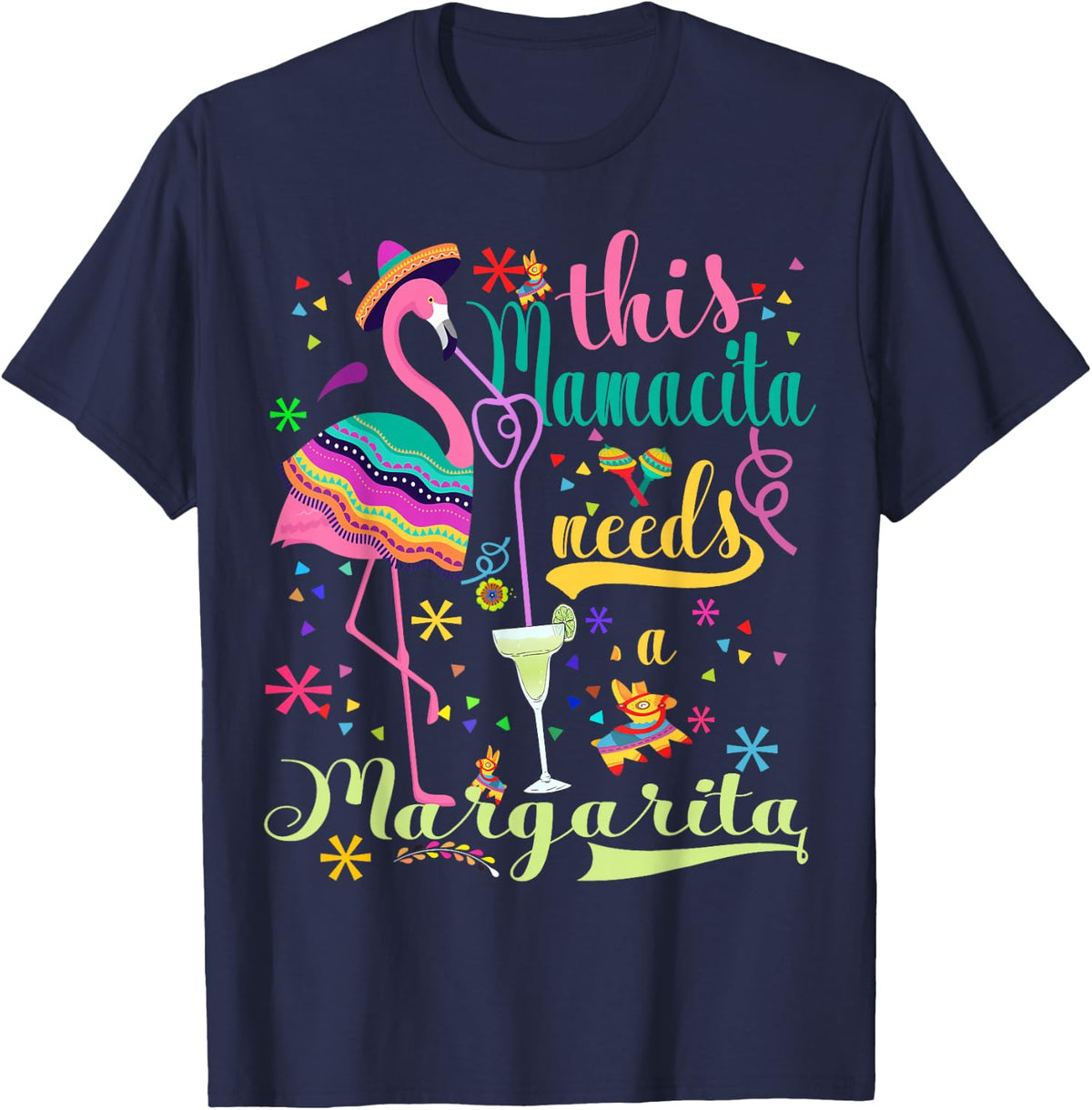 This Mamacita Needs A Margarita Cinco De Mayo Pink Flamingo T-Shirt - Navy Blue