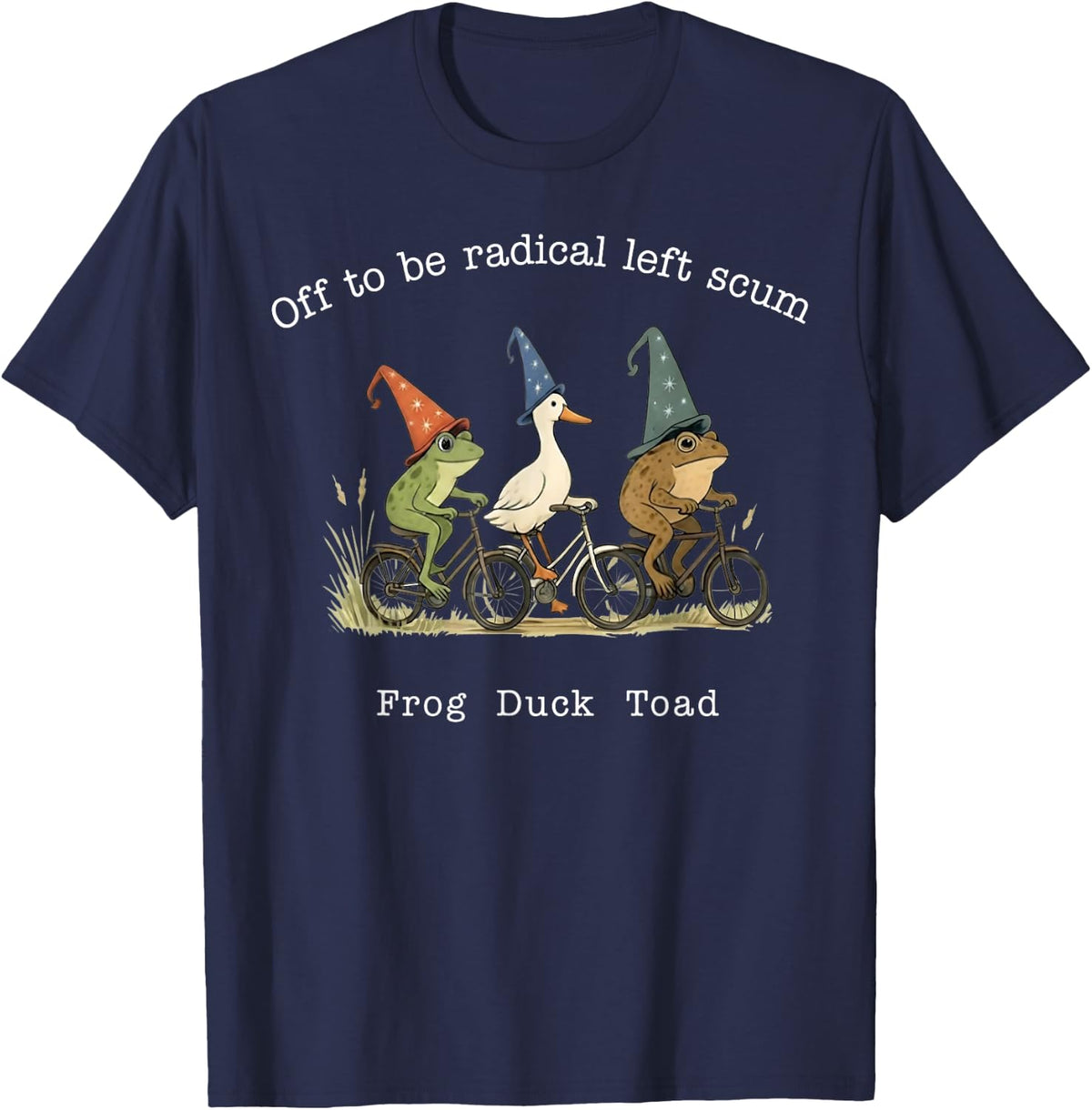 Funny Frog Duck Toad Riding Bicycle Magic Wizards T-Shirt - Navy Blue