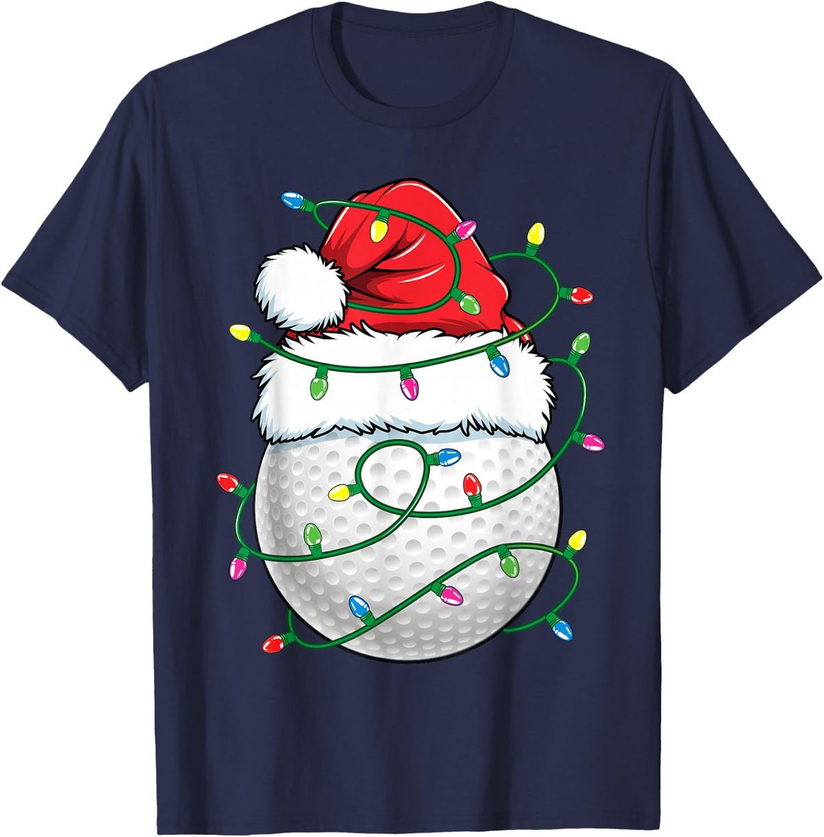 Golf Ball Santa Hat Men Womens Christmas Golfing Xmas Lights T-Shirt - Navy Blue