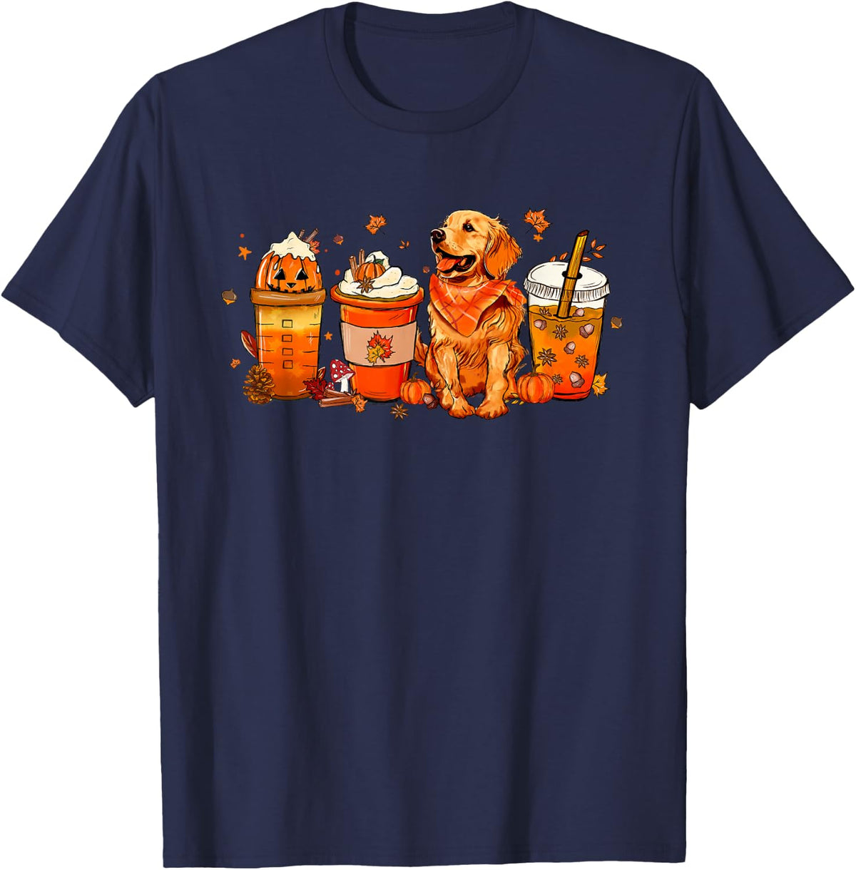 Golden Retriever Pumpkin Coffee Latte Autumn Fall T-Shirt - Navy Blue