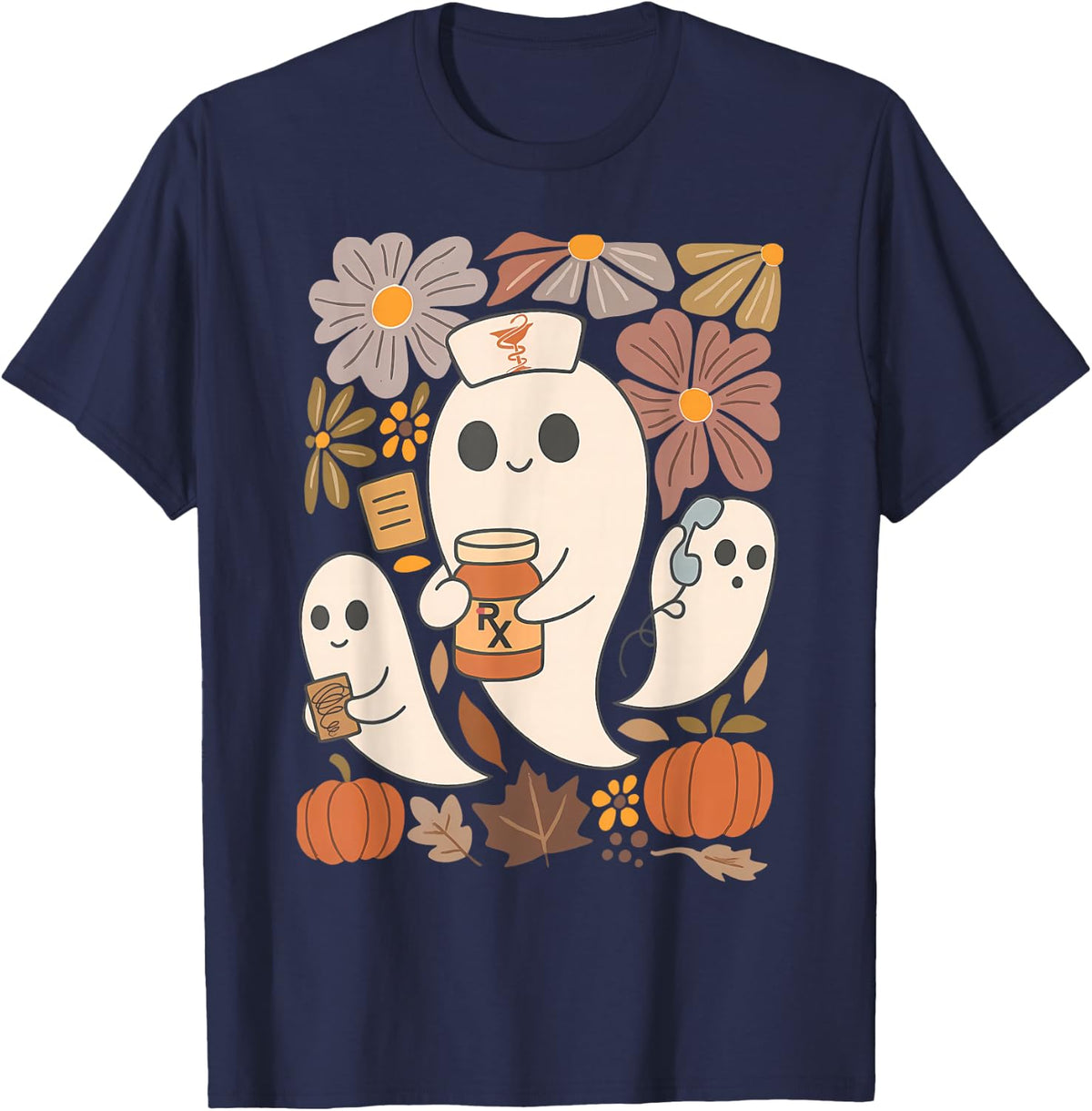 Boho Flower Pharmacist Ghost Pharmacy Tech Autumn Halloween T-Shirt - Navy Blue