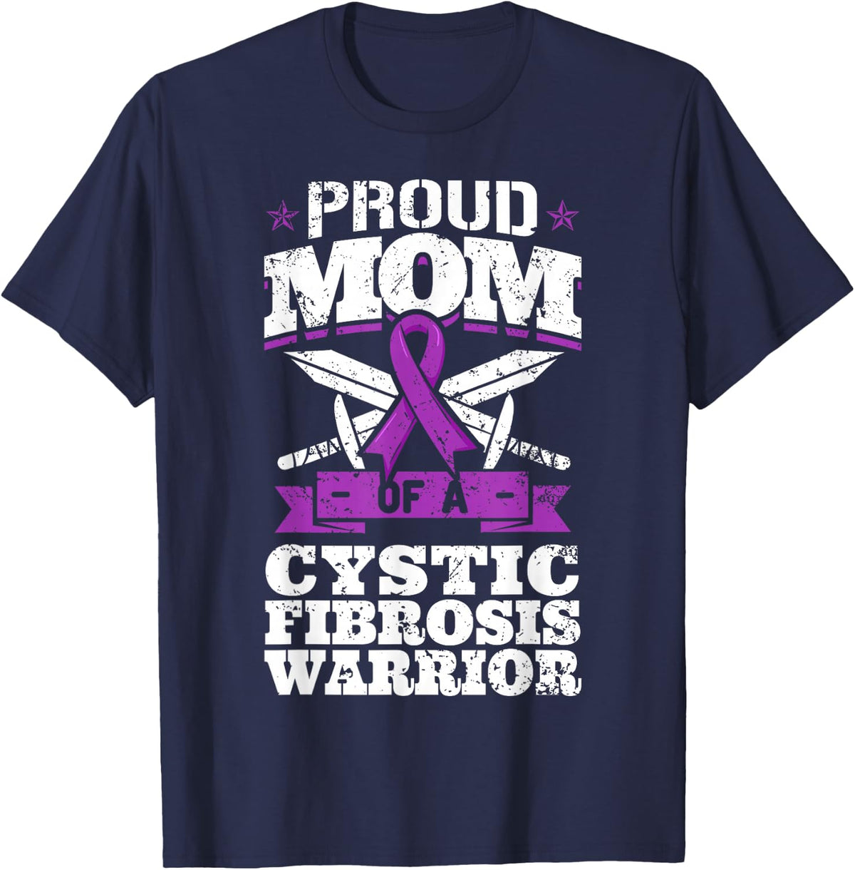 Proud Mom Of A Cystic Fibrosis Warrior Awareness Ribbon T-Shirt - Navy Blue