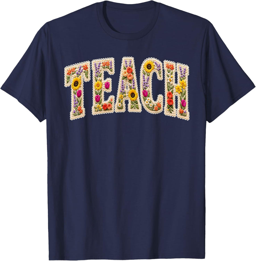 Teach Teacher Flower Back to School First Day of School T-Shirt - Navy Blue