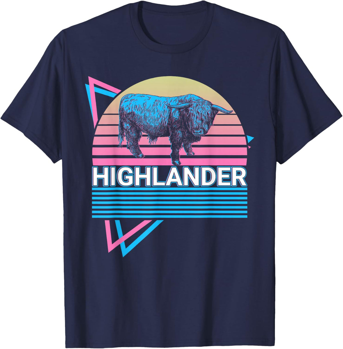 Highlander Scottish Highland Cow Retro T-Shirt - Navy Blue