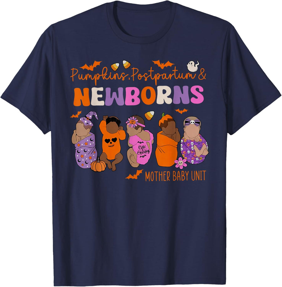Spooky Pumpkin Postpartum Mother Baby Unit Nurse Halloween T-Shirt - Navy Blue