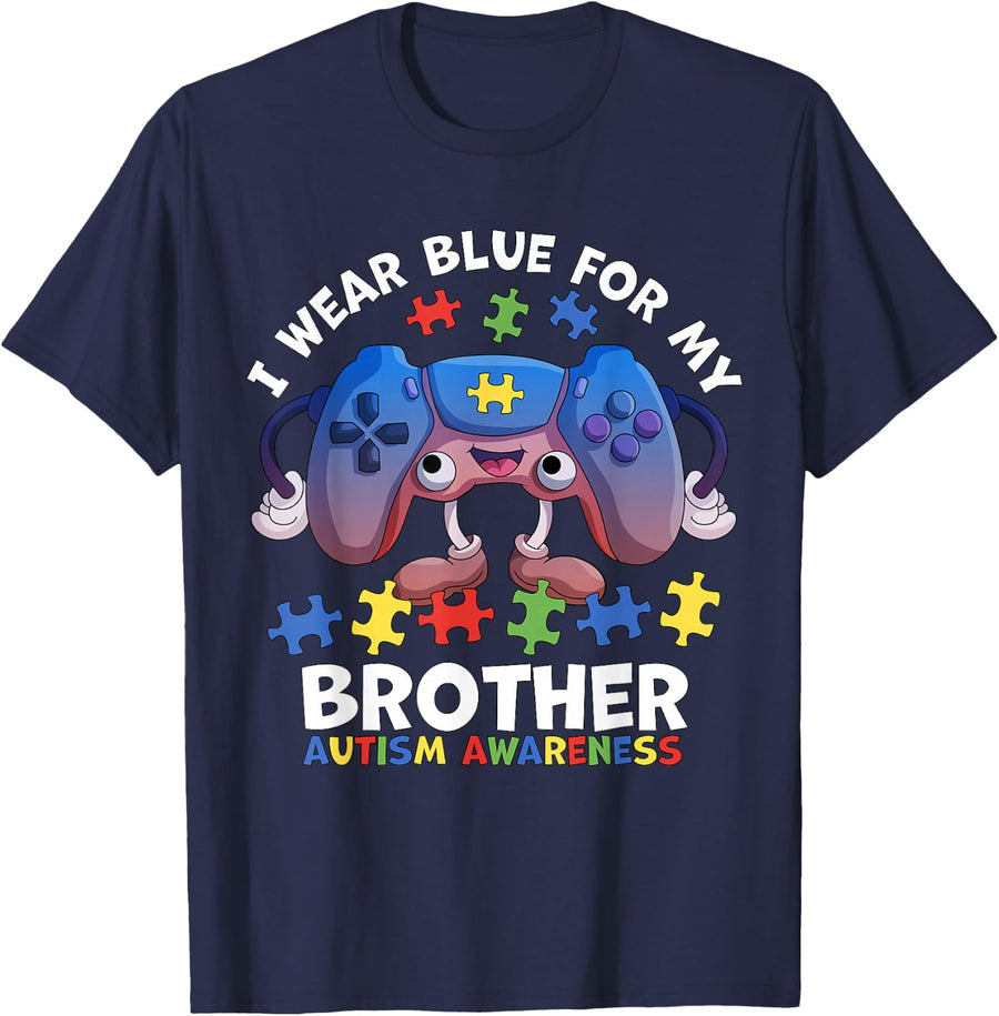I Wear Blue For My Brother Autism Awareness Boys Video Game T-Shirt - Navy Blue