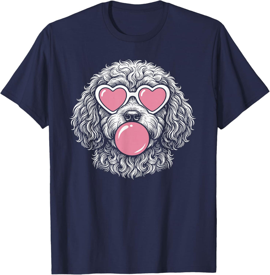 Cockapoo Dog Blowing Bubble Gum Cute Heart Pink Sunglasses T-Shirt - Navy Blue