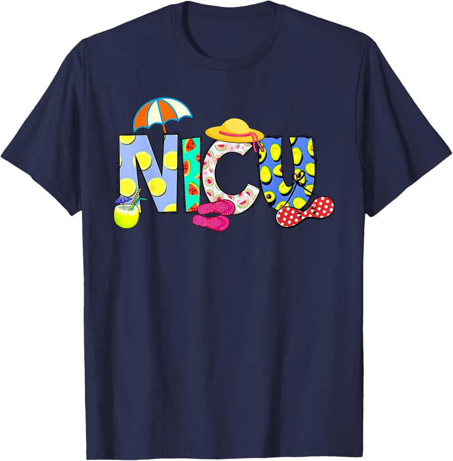 NICU Nurse Summer Beach Neonatal Intensive Care Unit RN T-Shirt - Navy Blue