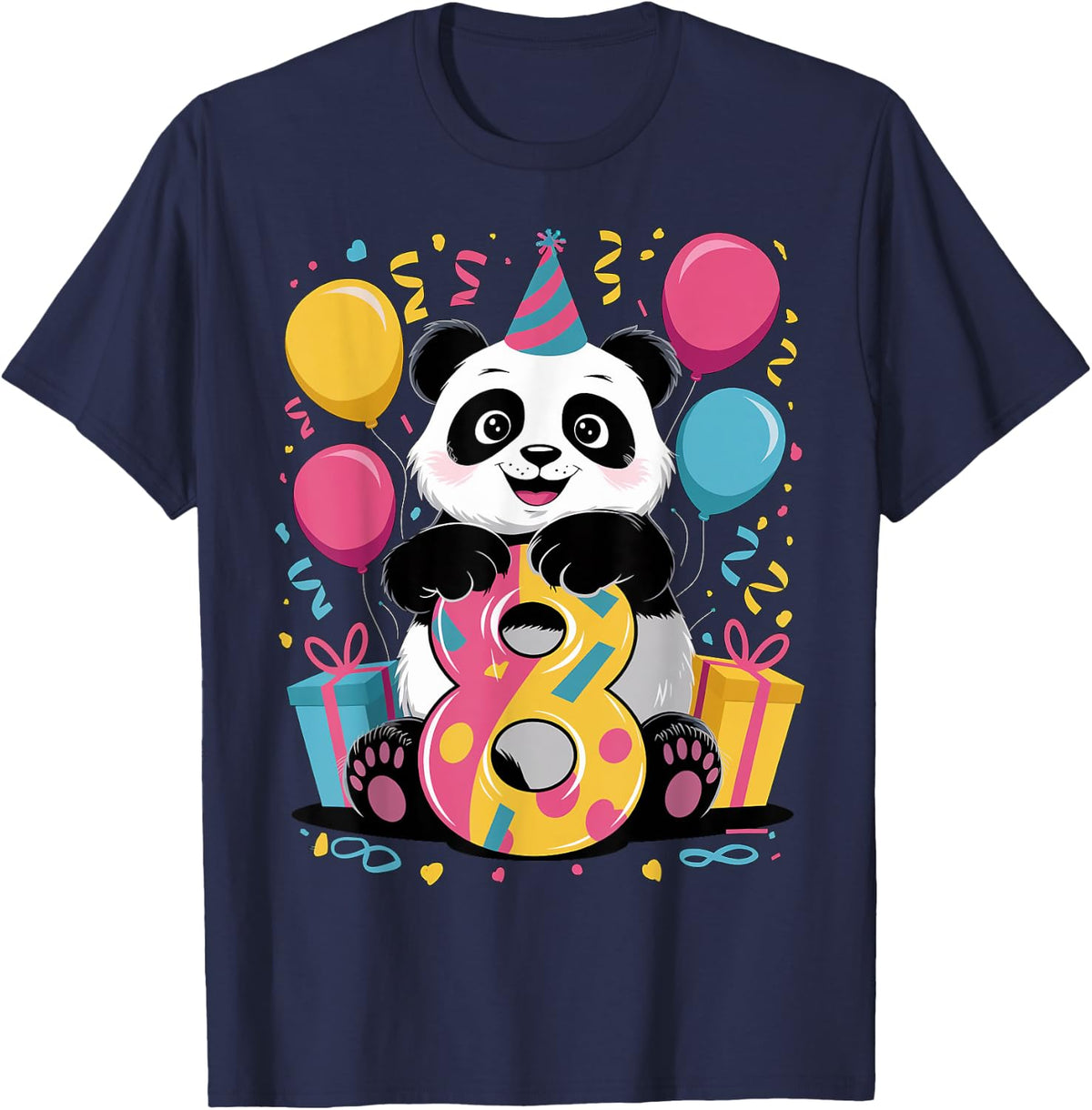 Panda 8th birthday boy girl 8 years old eighth eight Panda T-Shirt - Navy Blue