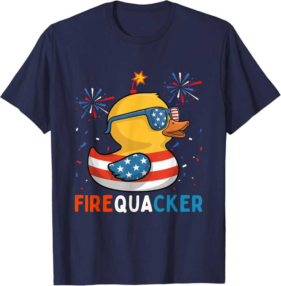 Funny Duck Firequacker American Flag Patriotic 4th of July T-Shirt - Navy Blue