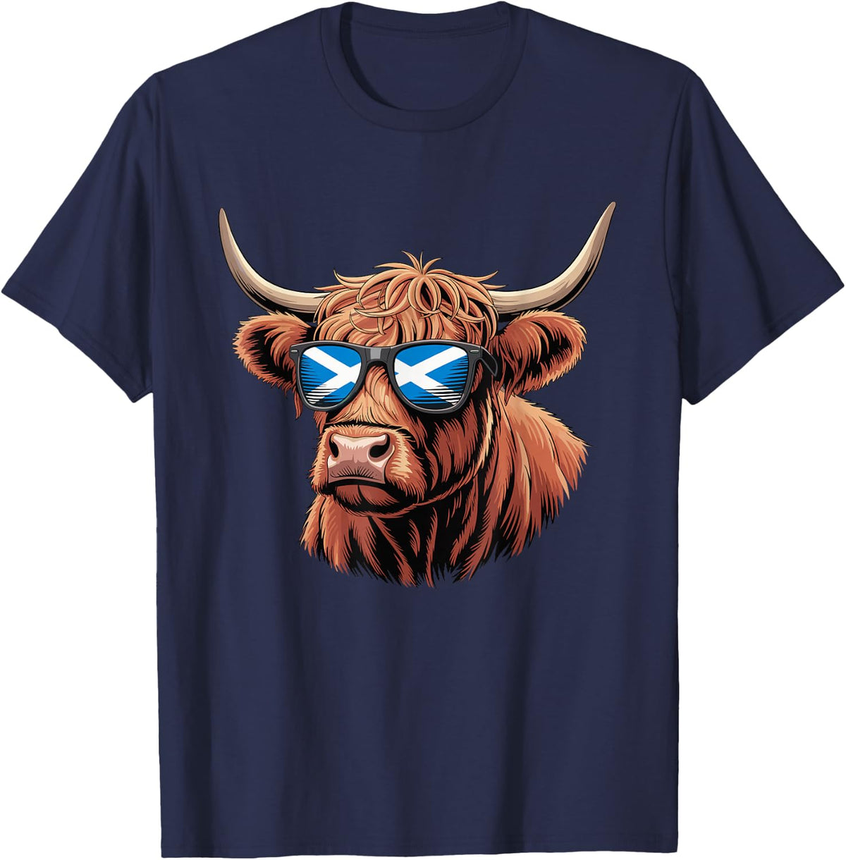 Highland Cow Scotland Flag Sunglasses T-Shirt Tees for Scottish Pride - Navy Blue