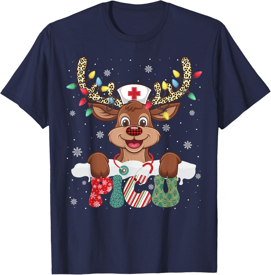 PICU Nurse Reindeer Nurse Hat Christmas Light Women Girl T-Shirt - Navy Blue