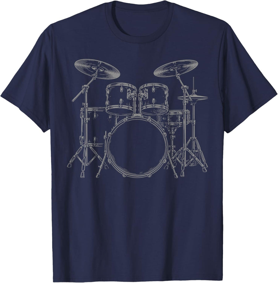 Drum Kit Rock Music Percussion T-Shirt - Navy Blue