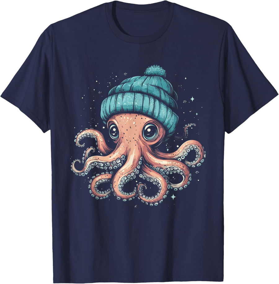 Octopus Wearing Beanie Shirt Funny Cute Ocean Animal Kraken Winter Tees T-Shirts - Navy Blue