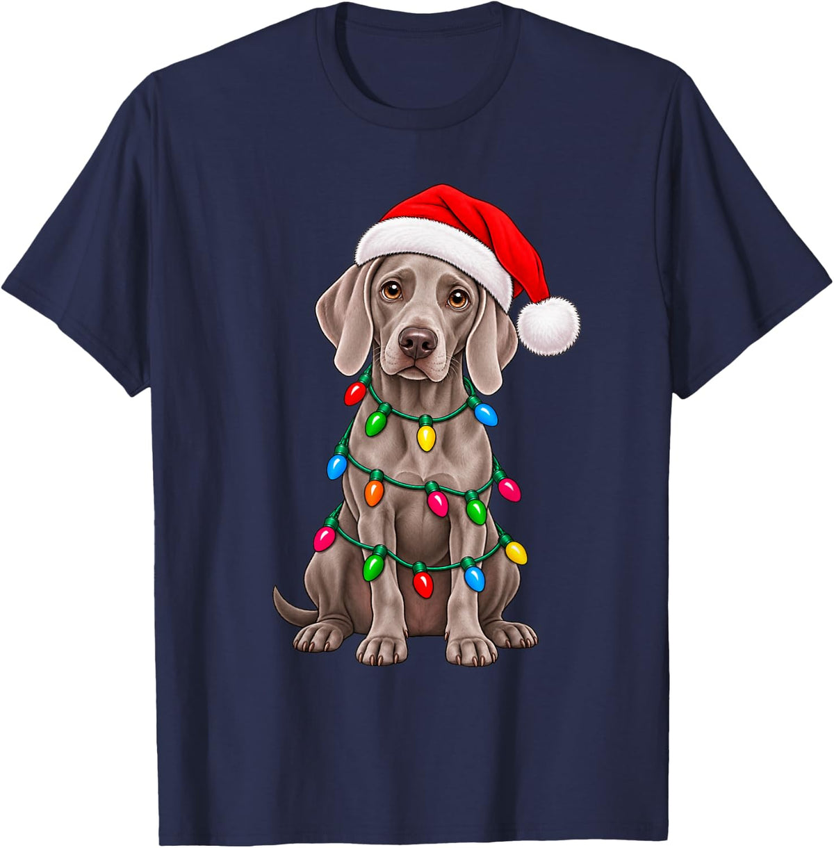 Cute Weimaraner Dog Santa Christmas Lights Dog Lover Xmas T-Shirt - Navy Blue