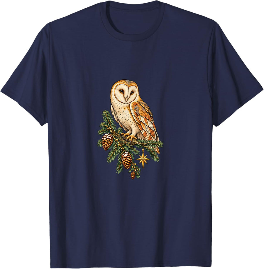 Barn Owl Evergreen Christmas Bird T-Shirt - Navy Blue