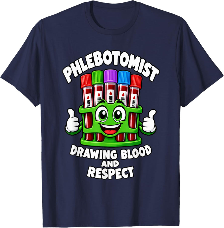 Phlebotomist Drawing Blood and Respect Lab Week Lab Tech T-Shirt - Navy Blue