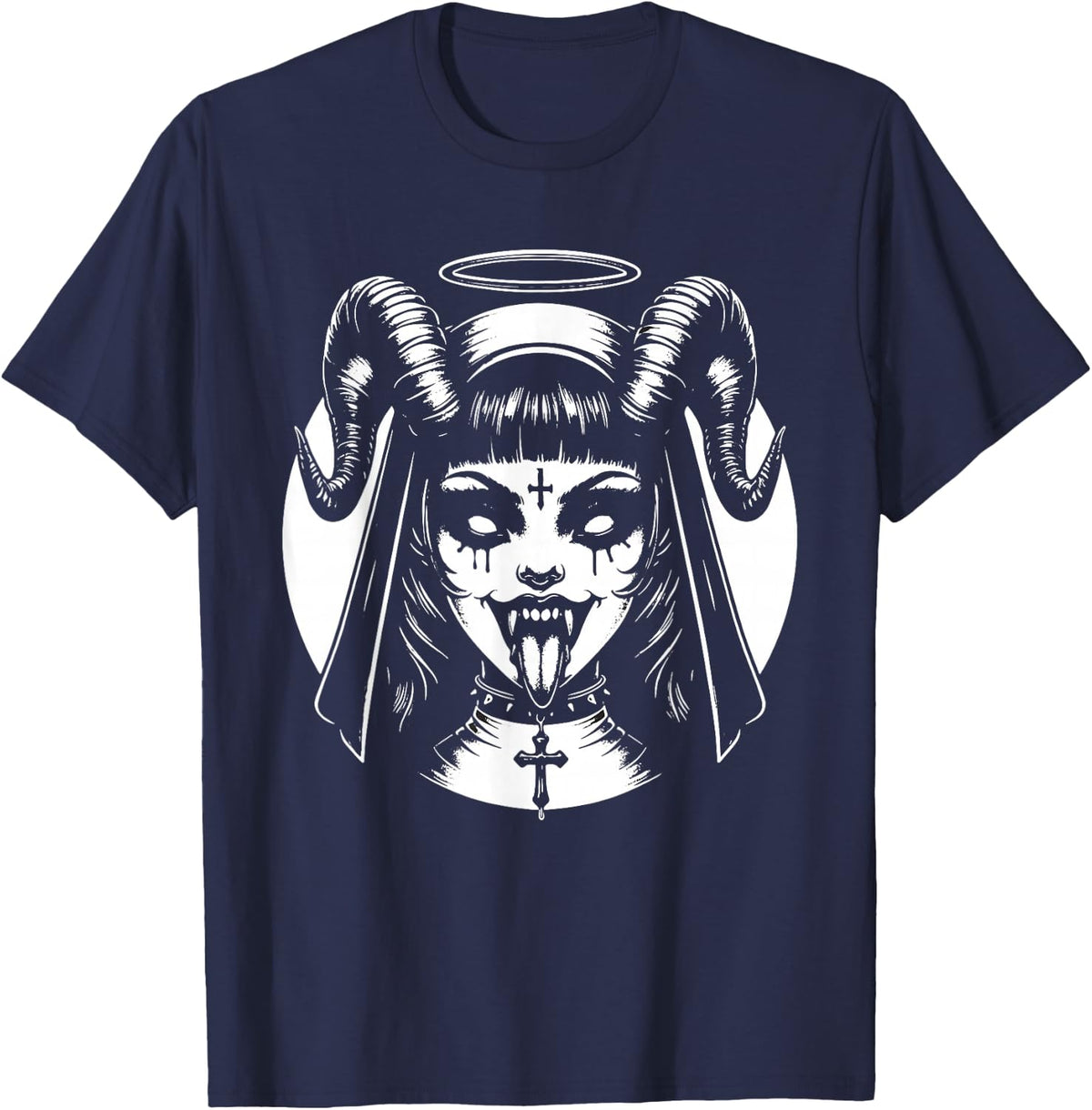 Devil Nun Goth Emo Punk Gothic Satanic Occult T-Shirt - Navy Blue