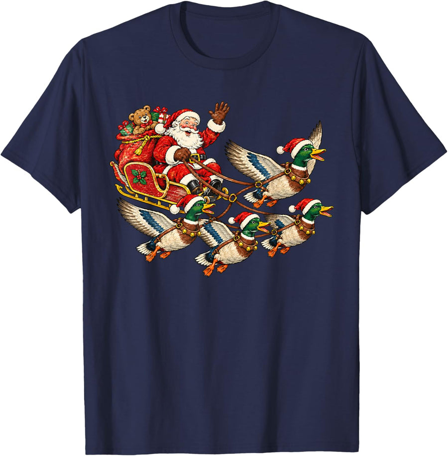 Funny Santa Flying Duck Sleigh Christmas Mallard Duck Lover T-Shirt - Navy Blue