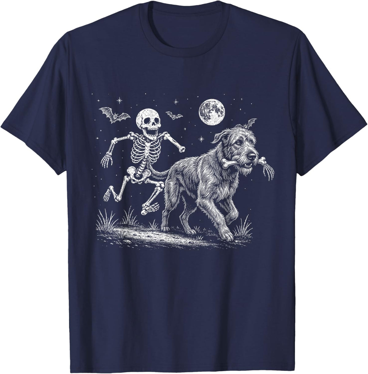 Funny Skeleton Chasing Irish Wolfhound Halloween Dog Mom Pet T-Shirt - Navy Blue
