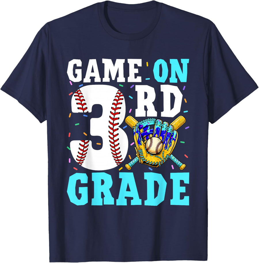 Back to School Third 3rd Grade Baseball Drip Ice Cream T-Shirt for Boys Tees - Navy Blue