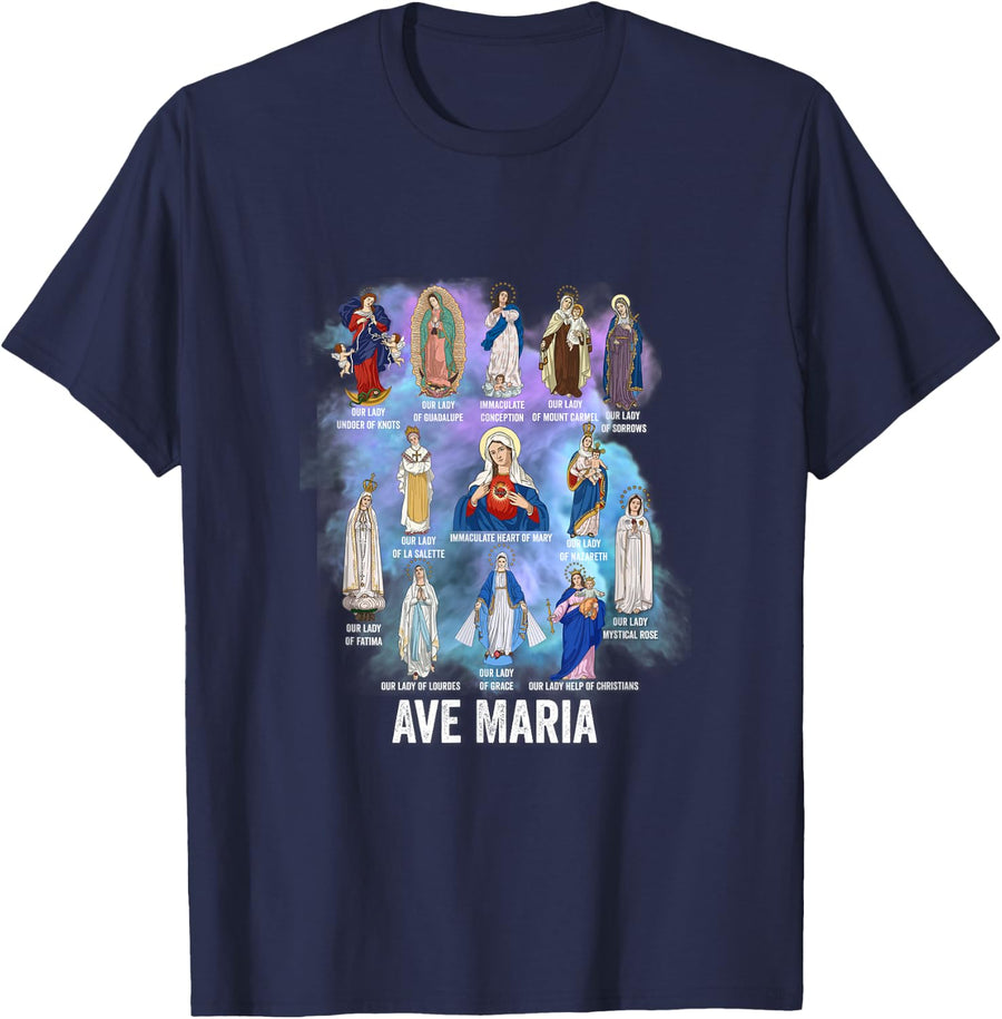 Our Lady The Blessed Mother Latin Marian Titles Catholic T-Shirt - Navy Blue