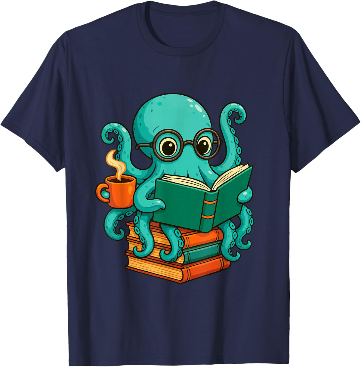 Reading Shirt for Book Lovers - Octopus Reading Book Tee T-Shirt for Bookworms and Readers - Navy Blue