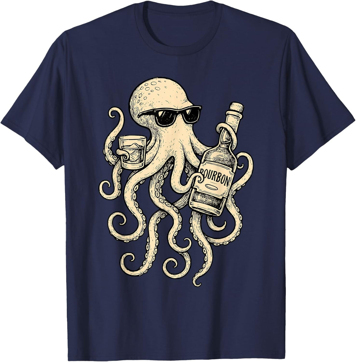 Vintage Octopus Drinking Bourbon Whiskey Bartending Drinker T-Shirt - Navy Blue