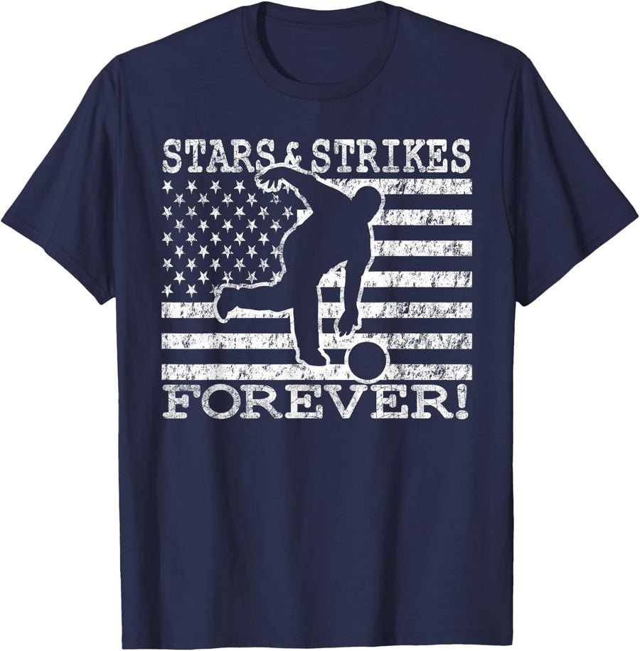Stars and Strikes Forever Bowling American Flag Bowler T-Shirt - Navy Blue