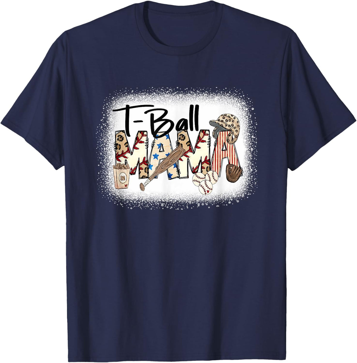 T Ball Mom Leopard Mother's Day Mama Tee Ball Bleached Funny T-Shirt - Navy Blue