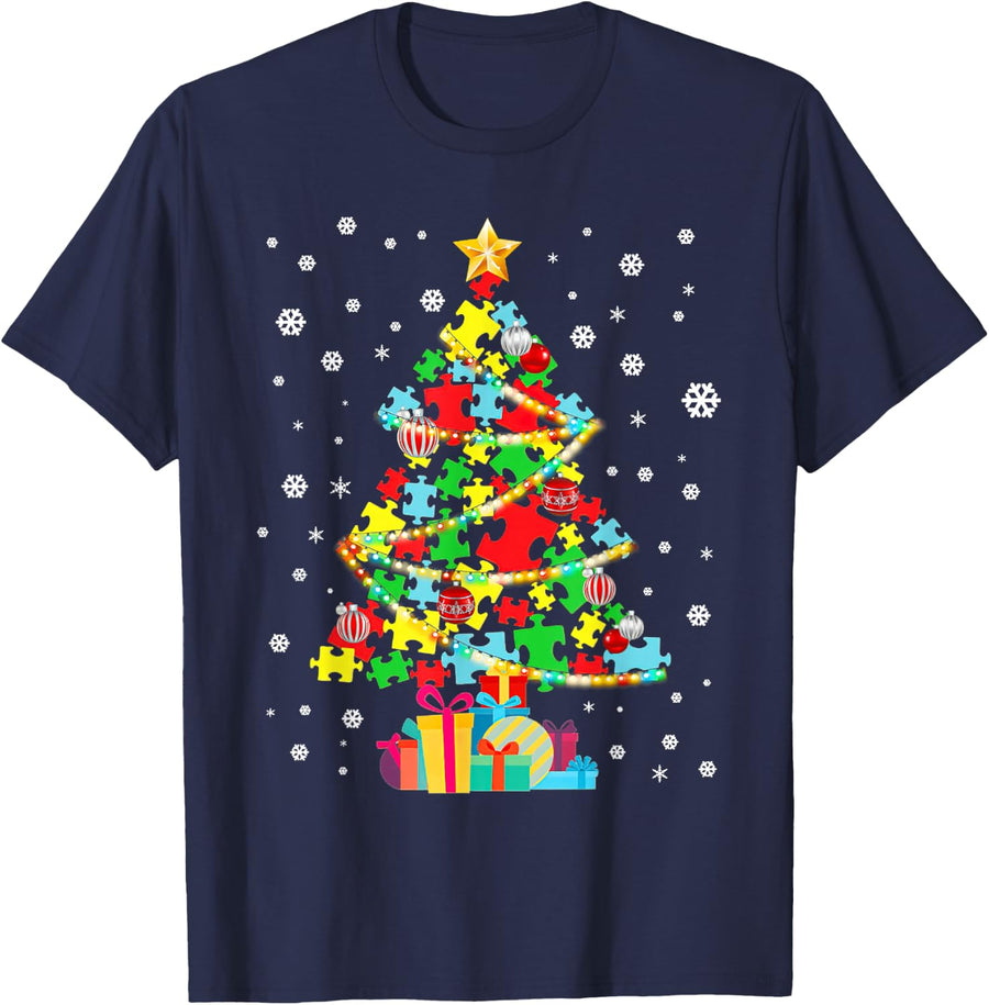 Autism Tree Christmas Pajama Autism Awareness Holiday T-Shirt - Navy Blue