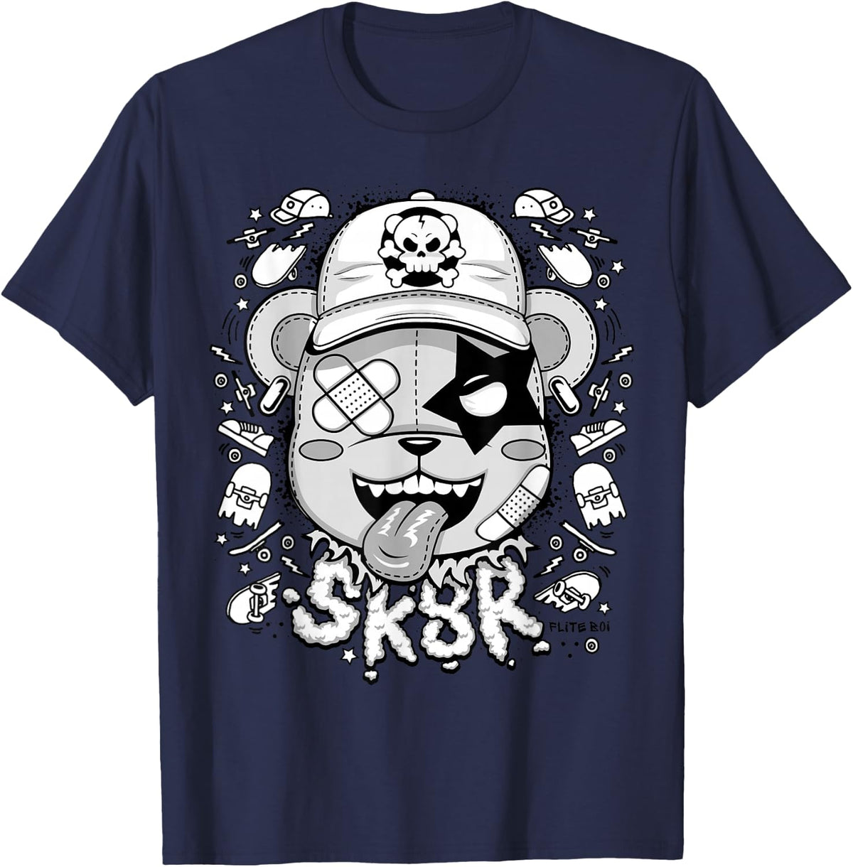 Skater Bear Graphic SK8R Punk Bear Skull Skate Culture Bold T-Shirt - Navy Blue