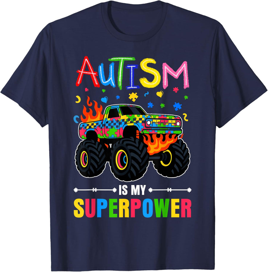 Autism Awareness Boys Monster Truck Kids T-Shirt Girls Tees Puzzle Support - Navy Blue