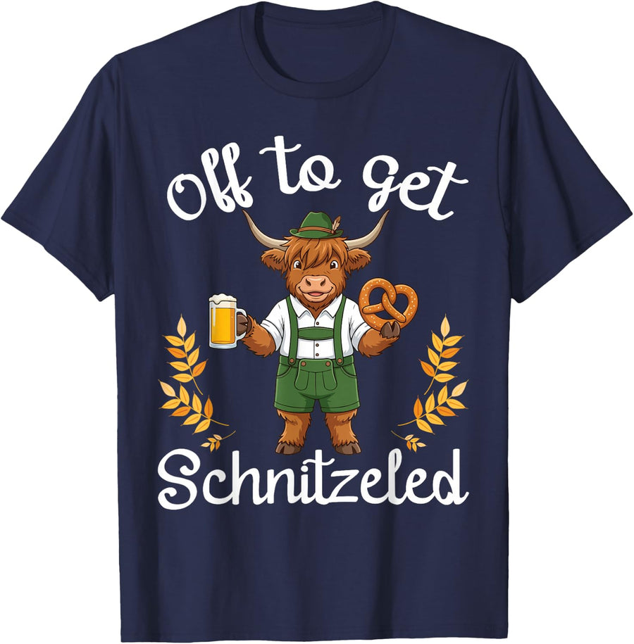 Off to Get Schnitzeled Highland Cow Oktoberfest Beer Lover T-Shirt - Navy Blue