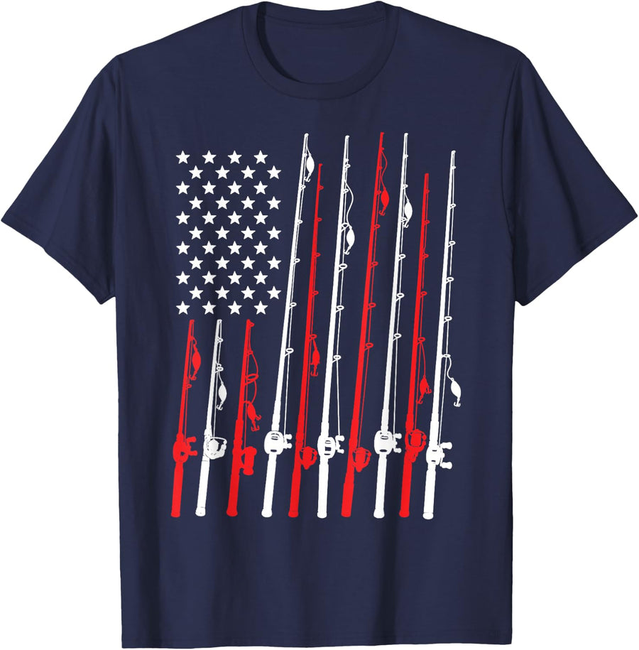 American Flag Fishing USA Angler T-Shirt - Navy Blue