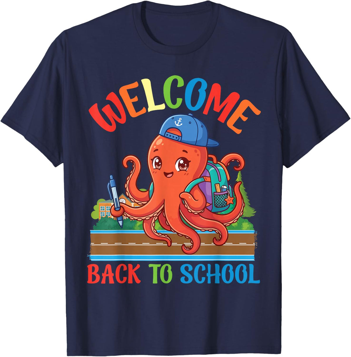 Welcome Back to School Cute Octopus Student Boys Girls Kids T-Shirt - Navy Blue