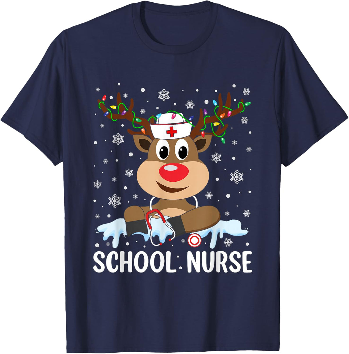 Love Nurse Life Reindeer Xmas School Nurse Christmas Pajama Tee T-Shirt - Navy Blue