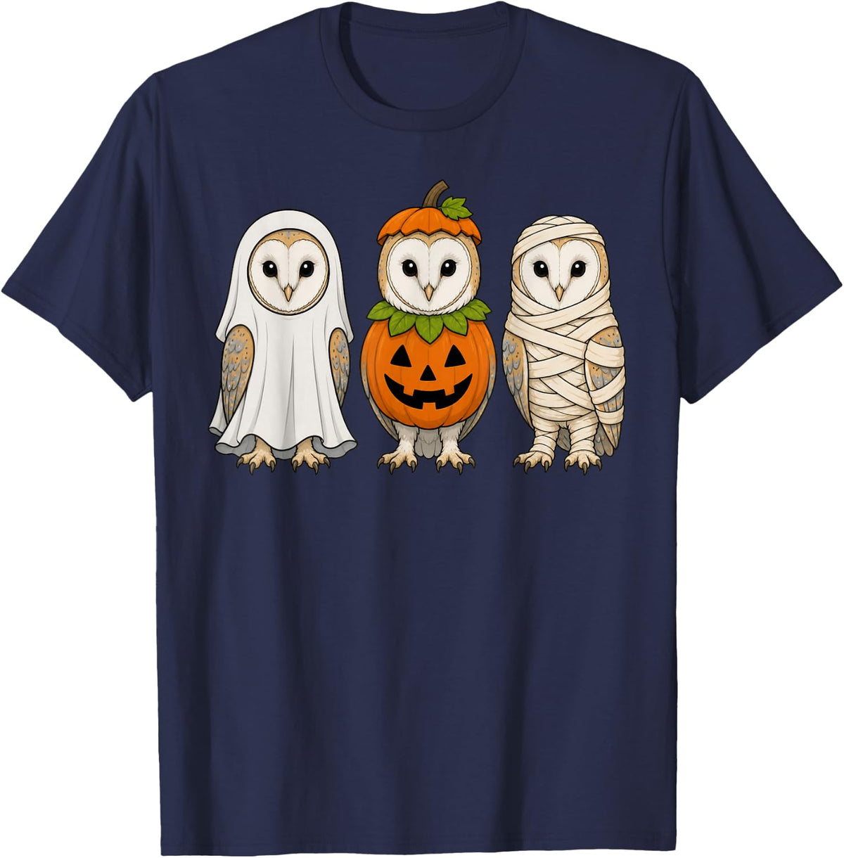 Spooky Barn Owl Pumpkin Ghost Halloween T-Shirt - Navy Blue