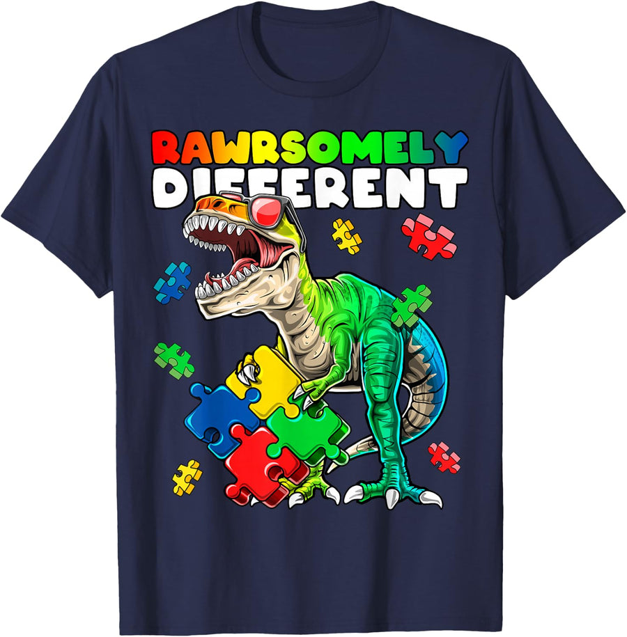 Rawrsomely Different Dinosaur Autism Awareness Puzzle Gift T-Shirt - Navy Blue
